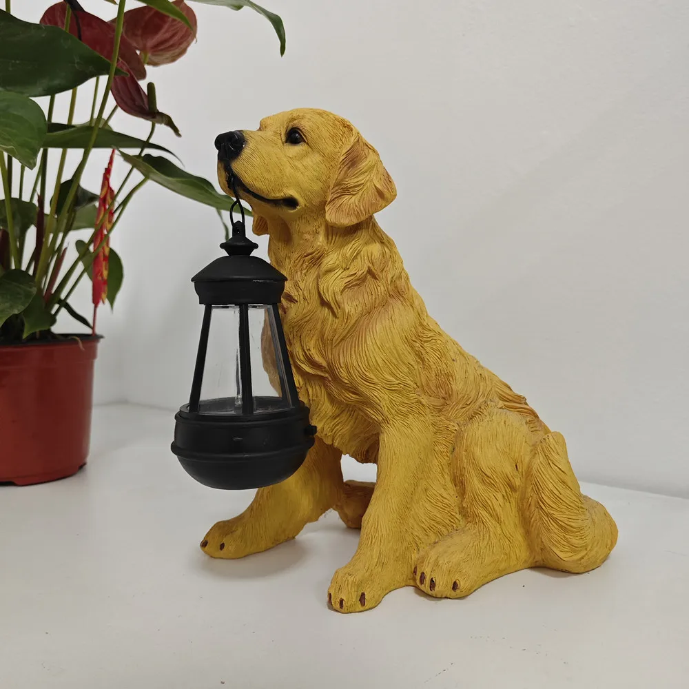 Solarna figurka psa do ogrodu z lampką LED — Golden Retriever, Owczarek, Rottweiler Złoto