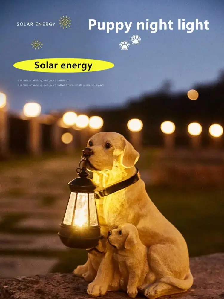 Solarna figurka psa do ogrodu z lampką LED — Golden Retriever, Owczarek, Rottweiler żółty