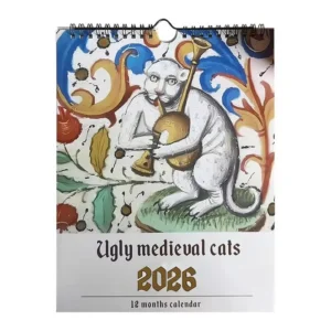Średniowieczny kalendarz 2026 z kotami - 12 miesięcy Biały