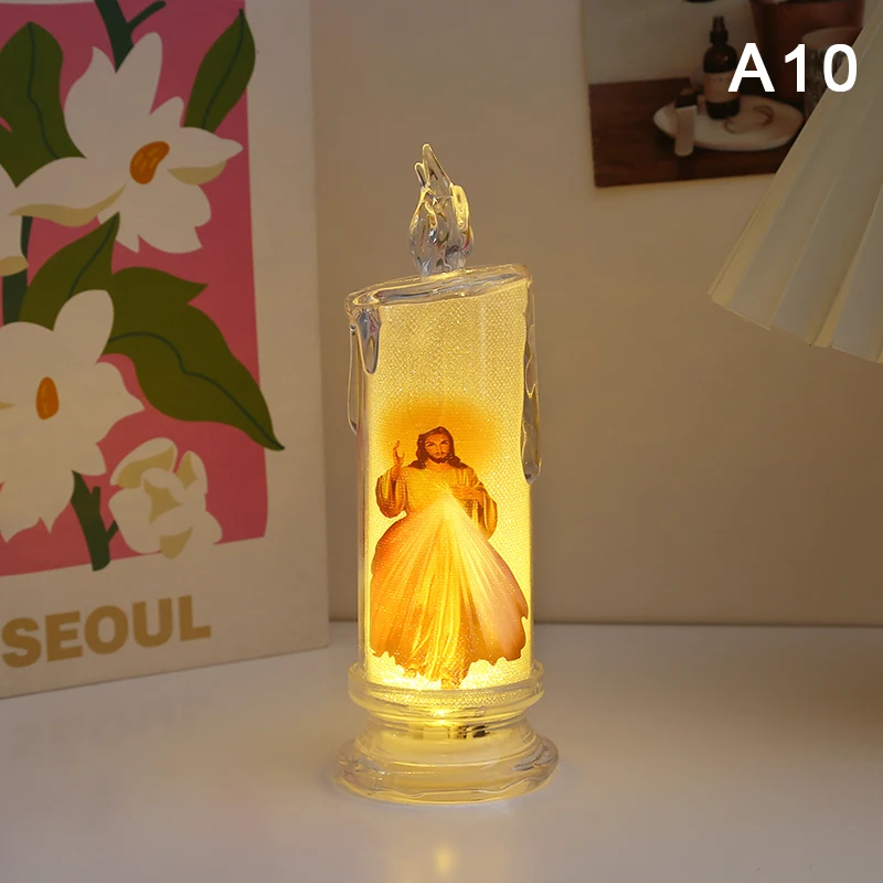 Świeczka LED Jezus Matka Boska bezpłomieniowa lampka religijna Ciepły biały