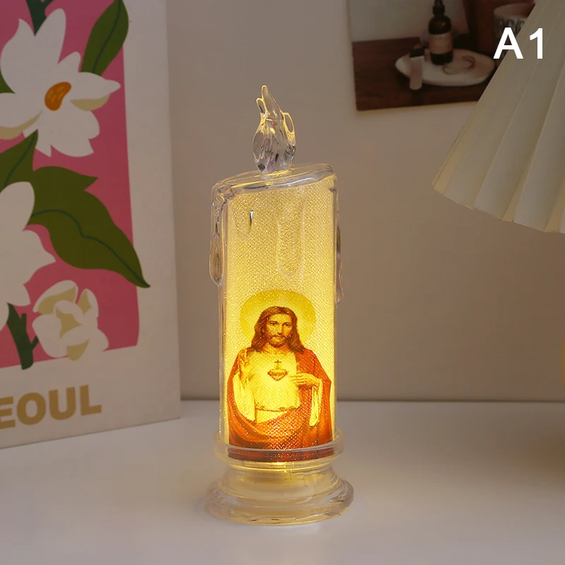Świeczka LED Jezus Matka Boska bezpłomieniowa lampka religijna Czerwony