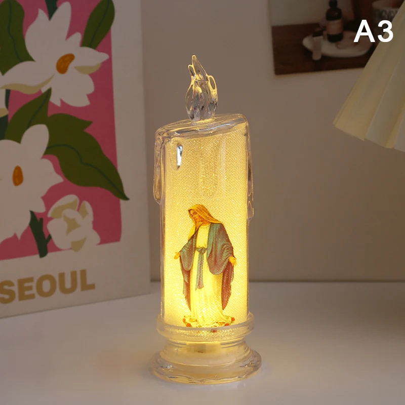 Świeczka LED Jezus Matka Boska bezpłomieniowa lampka religijna Niebieski