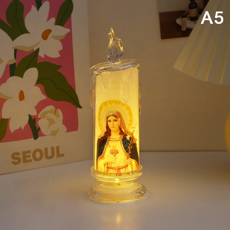 Świeczka LED Jezus Matka Boska bezpłomieniowa lampka religijna żółty