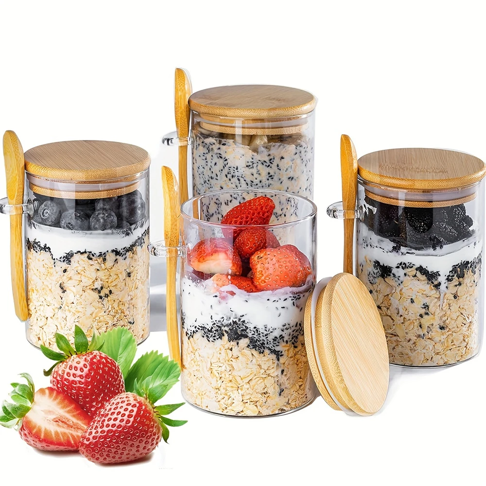Szczelne szklane słoiki z bambusową pokrywką i łyżką 530 ml 1pc