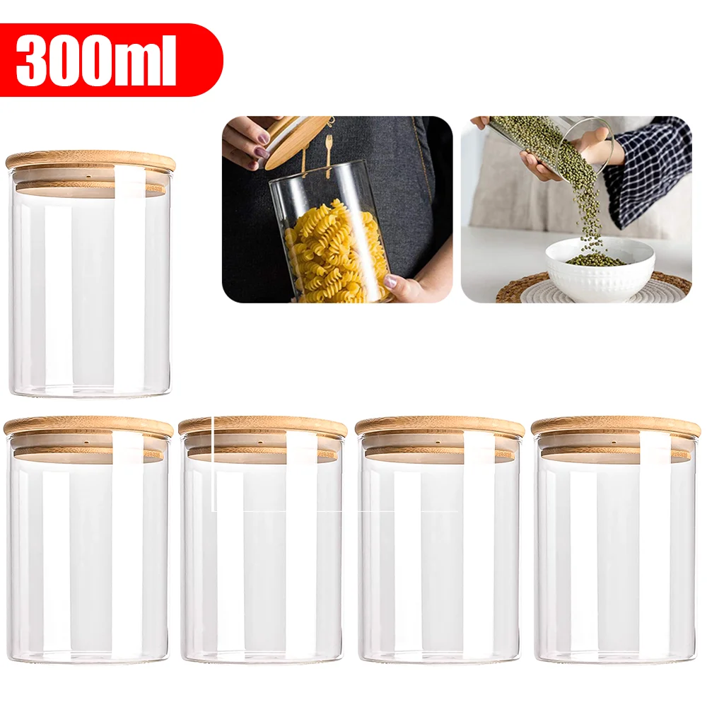 Szklane pojemniki na żywność z drewnianą pokrywką (zestaw) 300ml