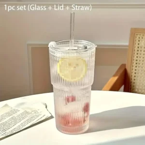 Szklany kubek w paski z pokrywką 600 ml Truskawka Czarny