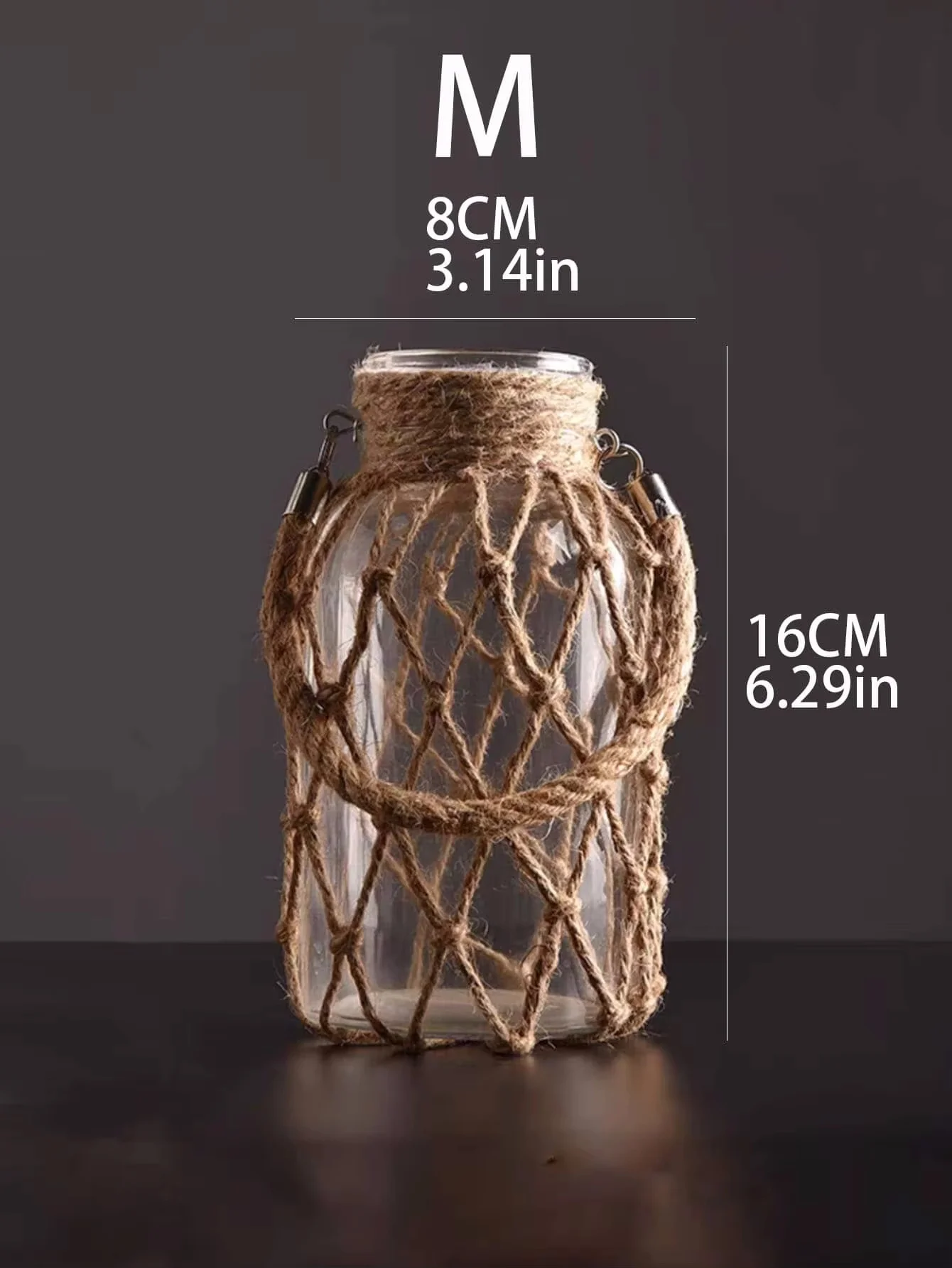 Szklany wazon boho z liną konopną na suche kwiaty Jasnoszary