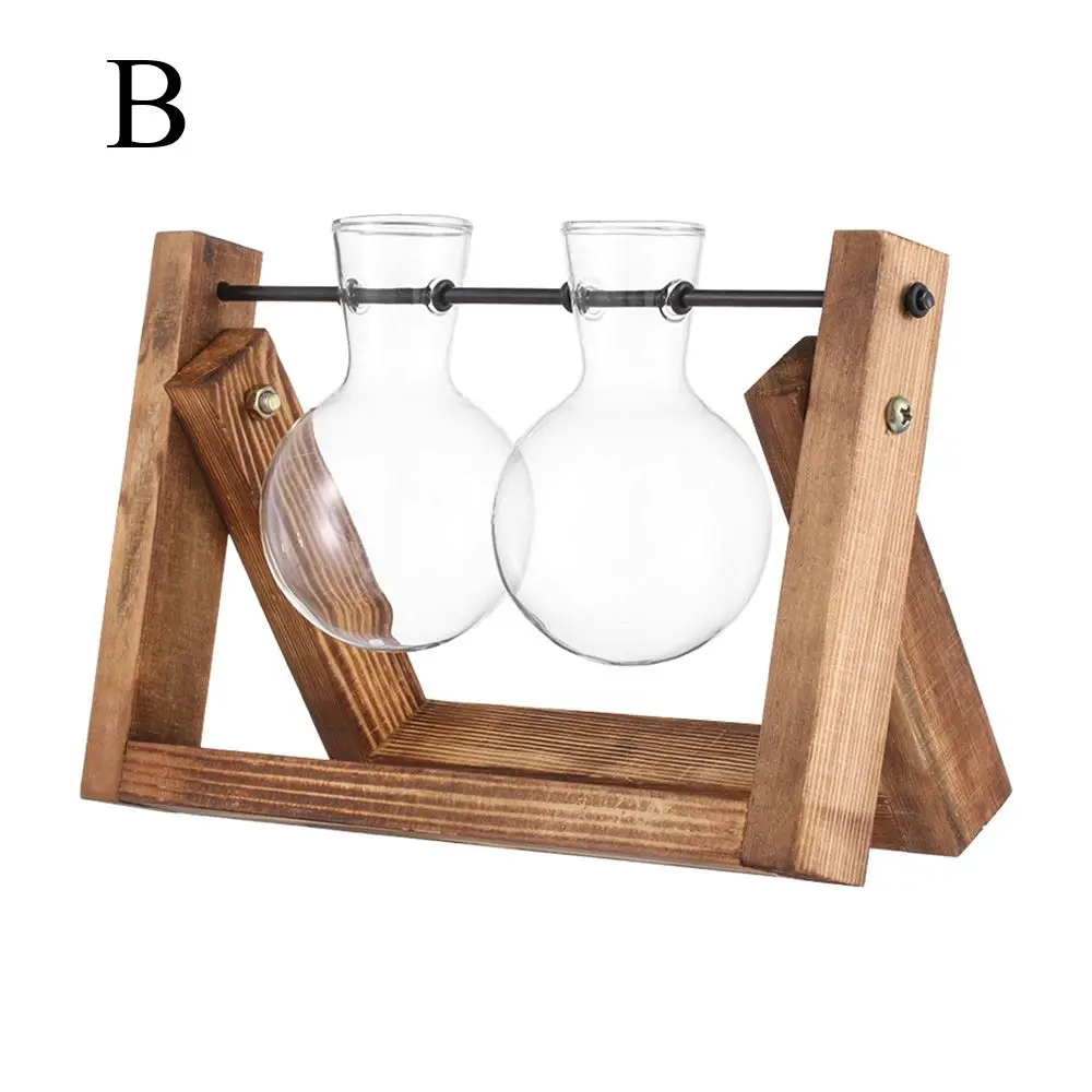 Szklany wazon hydroniczny w drewnianej ramce – retro terrarium na blat żółty
