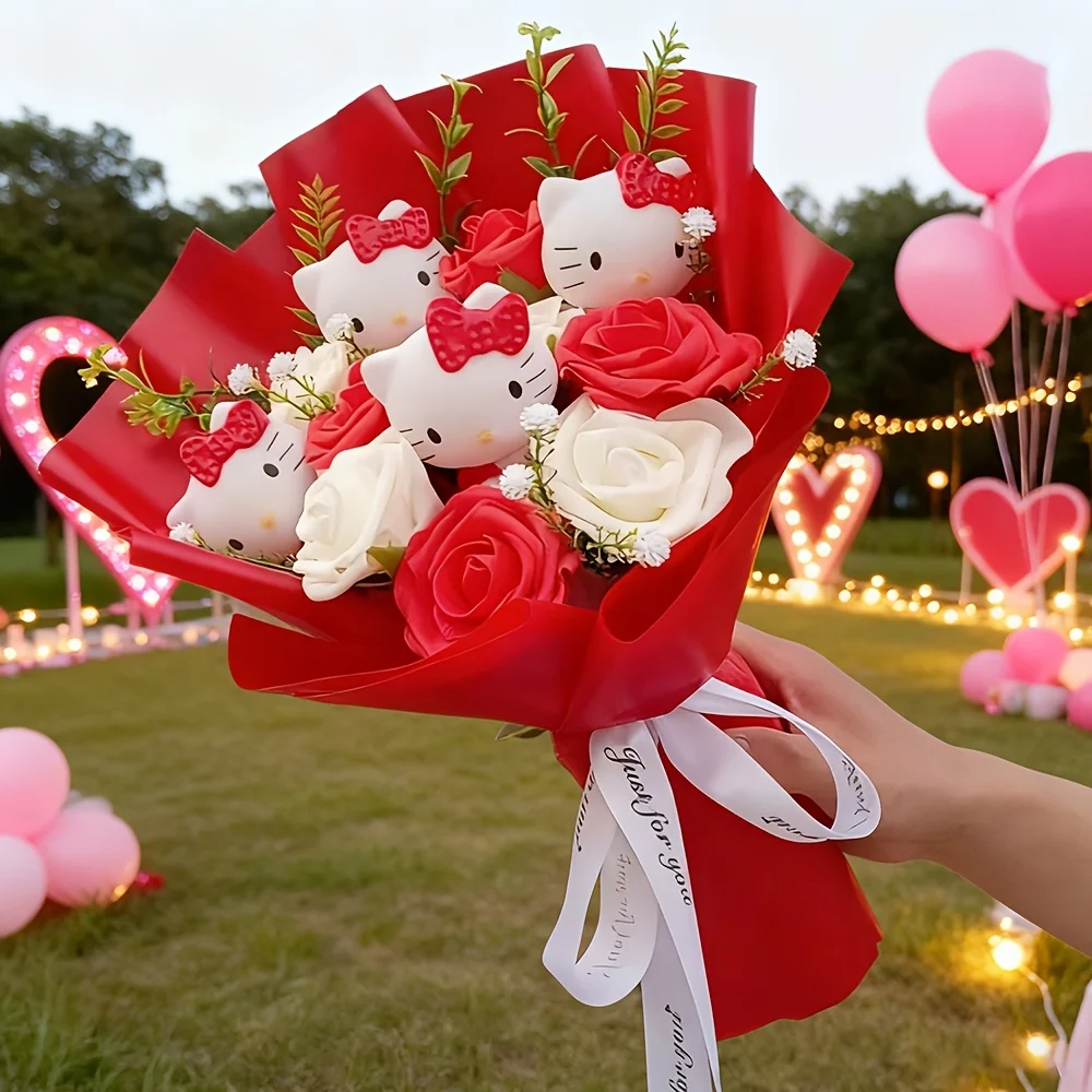 Sztuczny bukiet róż Hello Kitty do dekoracji i na wesele Różowy