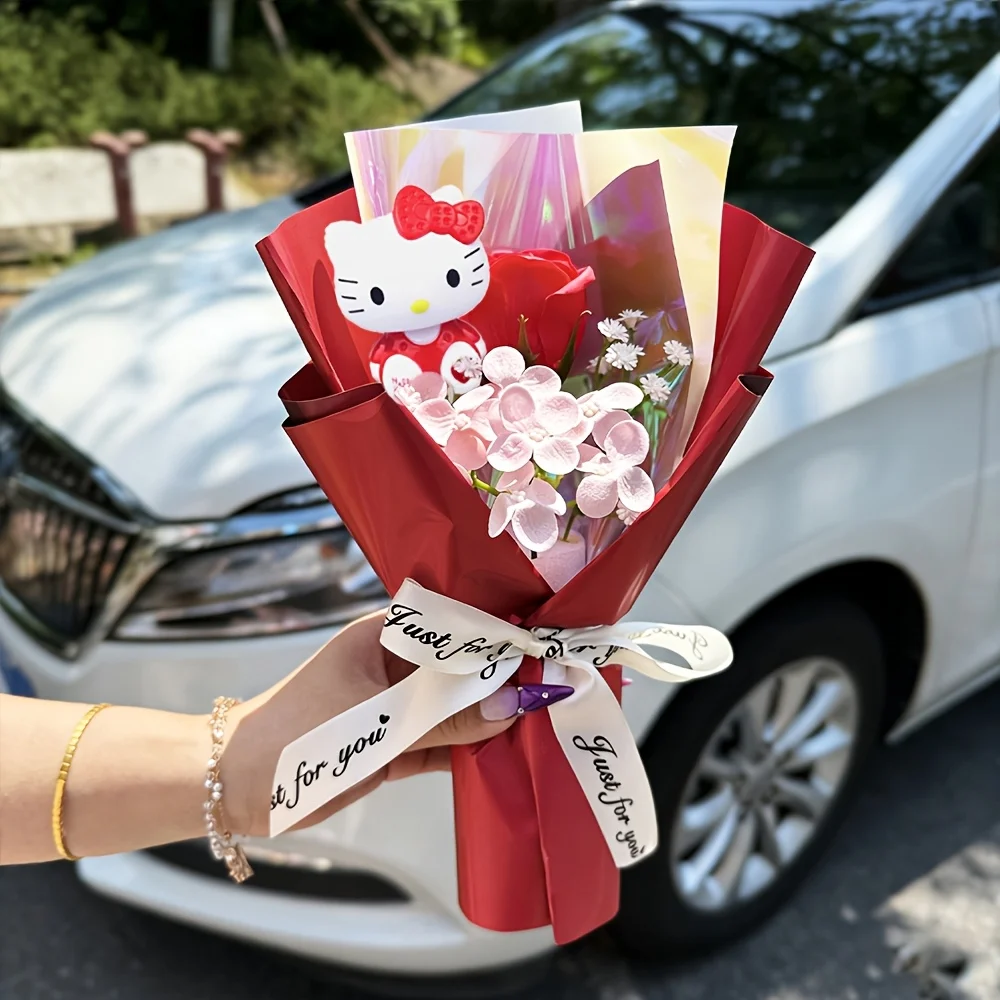 Sztuczny bukiet róż Hello Kitty - dekoracja i prezent Czerwony