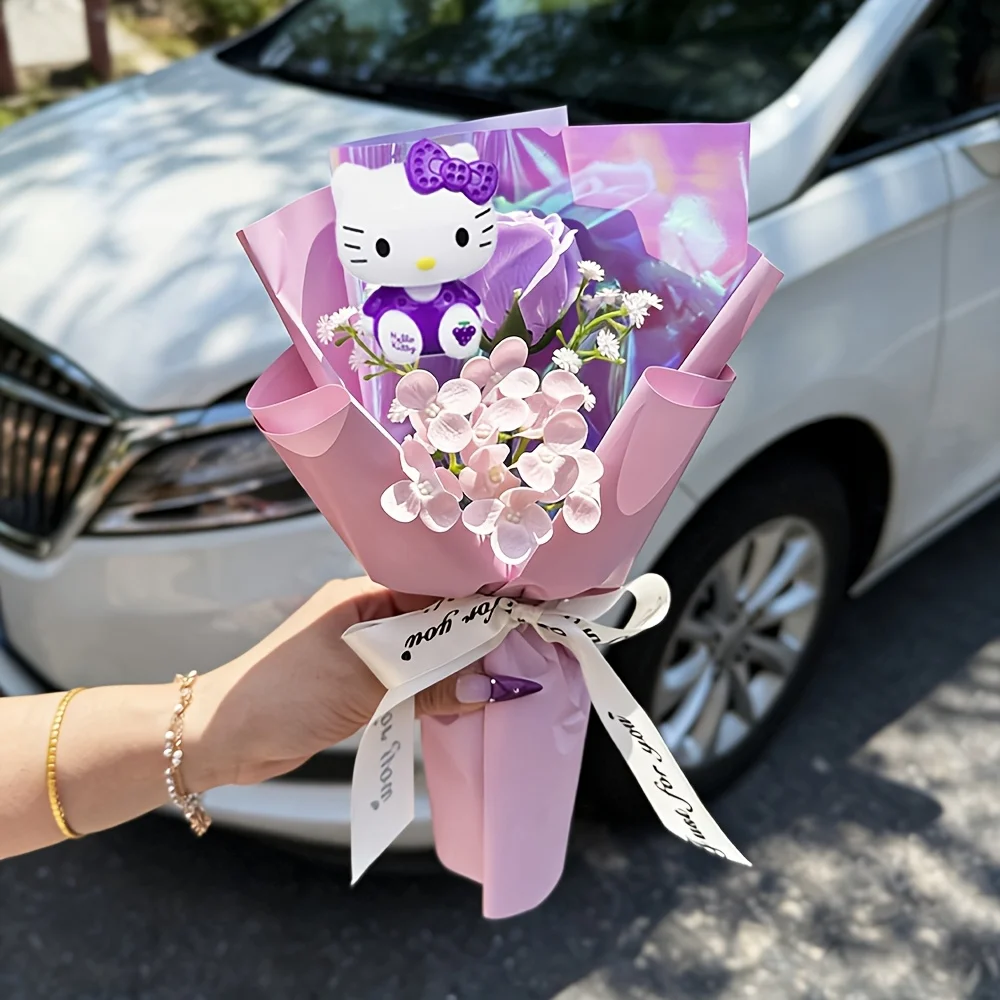 Sztuczny bukiet róż Hello Kitty - dekoracja i prezent Fioletowy
