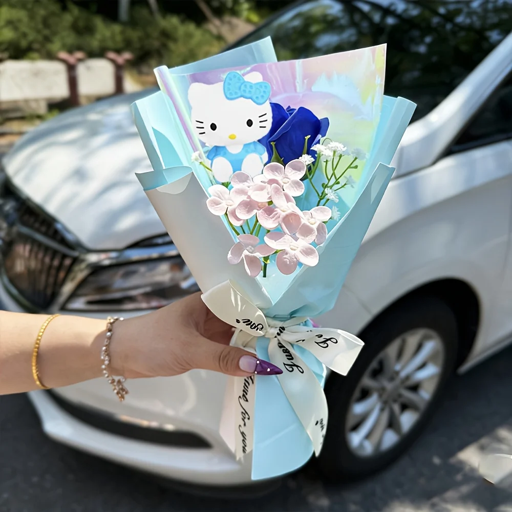 Sztuczny bukiet róż Hello Kitty - dekoracja i prezent Niebieski