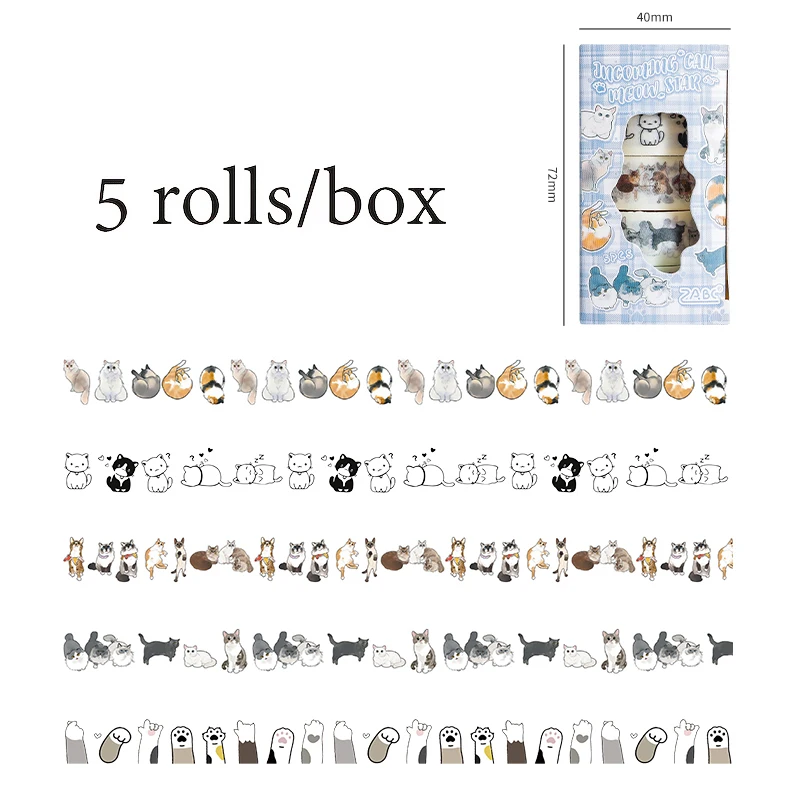 Taśma washi koty 5 rolek w pudełku zestaw DIY Zielony