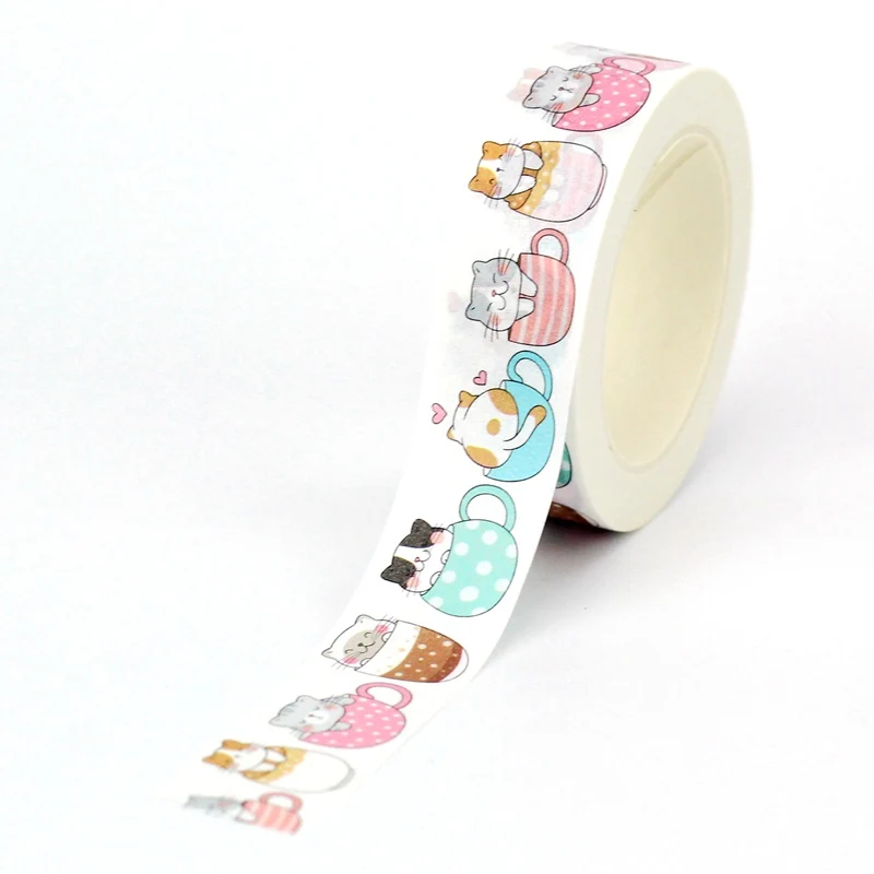 Taśma washi koty Kawaii w kubkach 10 m