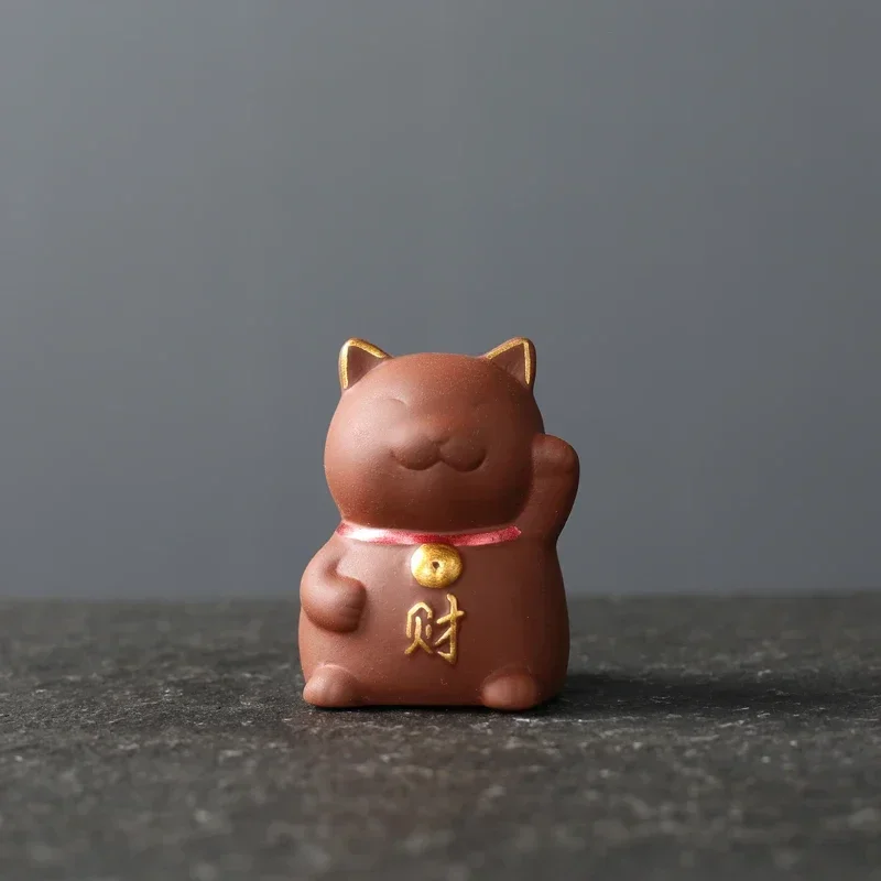 Tea pet Kot Szczęścia z fioletowej gliny yixing – figurka ozdobna Beżowy
