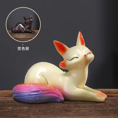 Tea Pet Lis zmieniający kolor – ceramiczna figurka do ceremonii herbaty Jasnozielony