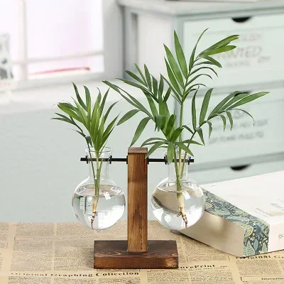 Terrarium na blat z drewnianą ramką – szklany wazon hydroniczny w stylu vintage Czerwony