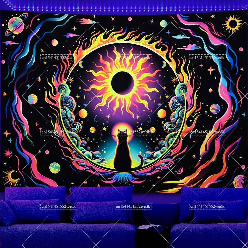 Tkanina dekoracyjna UV z motywem kota, grzybów i galaktyki na ścianę Pomarańczowy fluorescencyjny