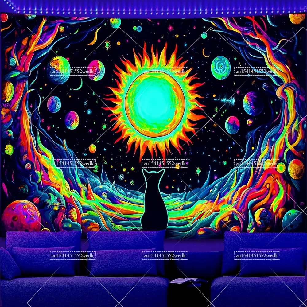 Tkanina dekoracyjna UV z motywem kota, grzybów i galaktyki na ścianę Zielony fluorescencyjny