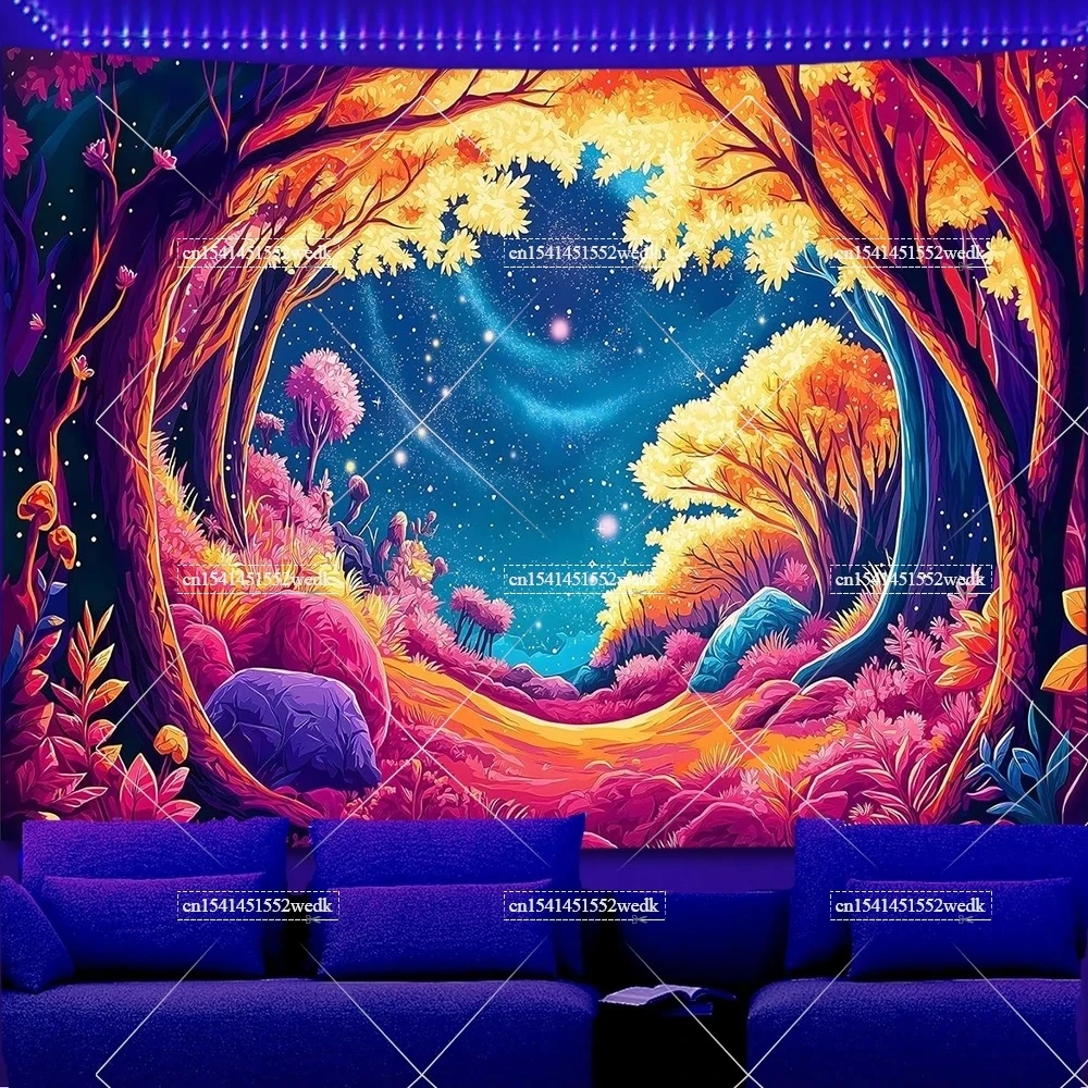 Tkanina ścienna fluorescencyjna — gobelin UV las i motyle Khaki