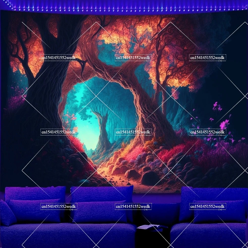 Tkanina ścienna fluorescencyjna — gobelin UV las i motyle Jasnoszary