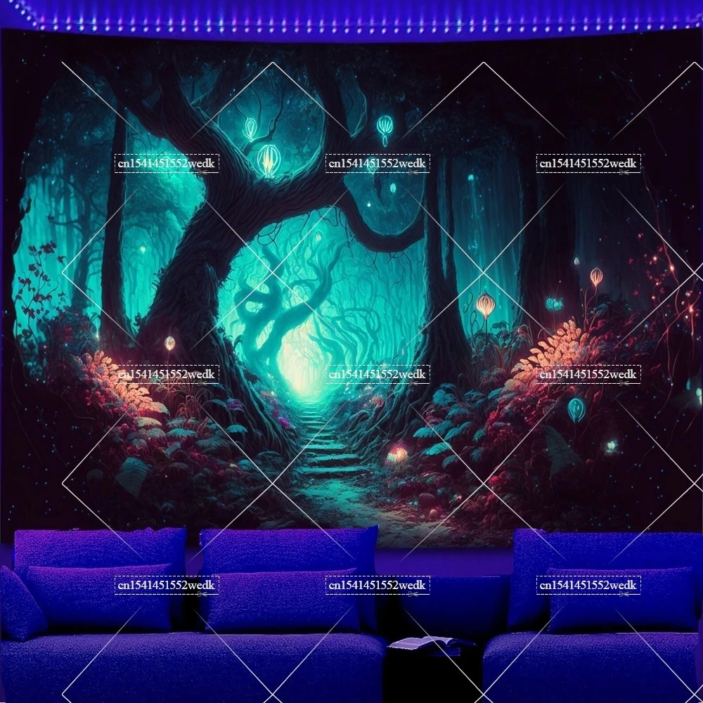 Tkanina ścienna fluorescencyjna — gobelin UV las i motyle Jasnozielony