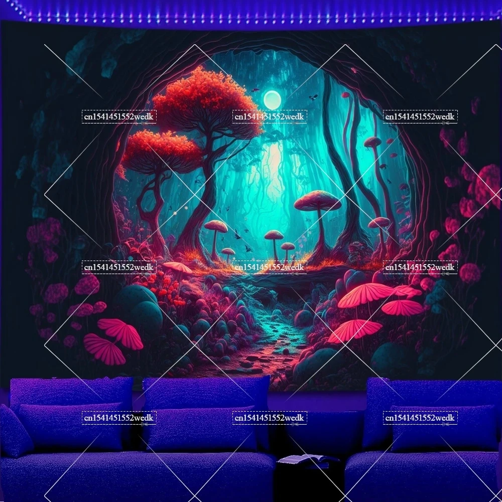 Tkanina ścienna fluorescencyjna — gobelin UV las i motyle Jasnożółty