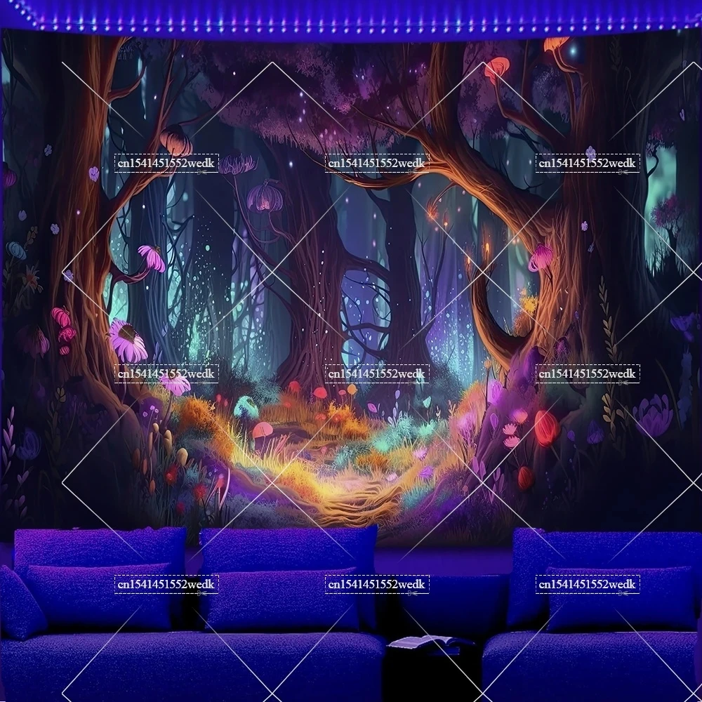 Tkanina ścienna fluorescencyjna — gobelin UV las i motyle Królewski niebieski