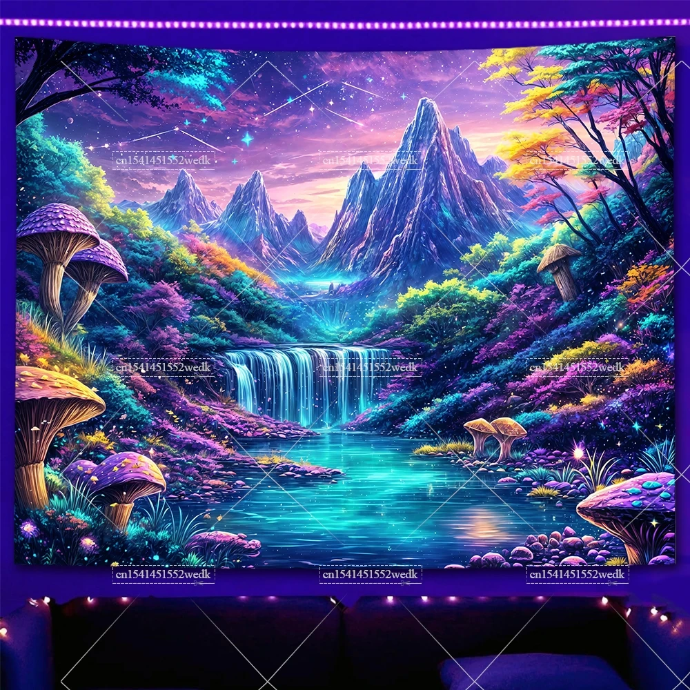 Tkanina ścienna fluorescencyjna — gobelin UV las i motyle Pomarańczowy fluorescencyjny