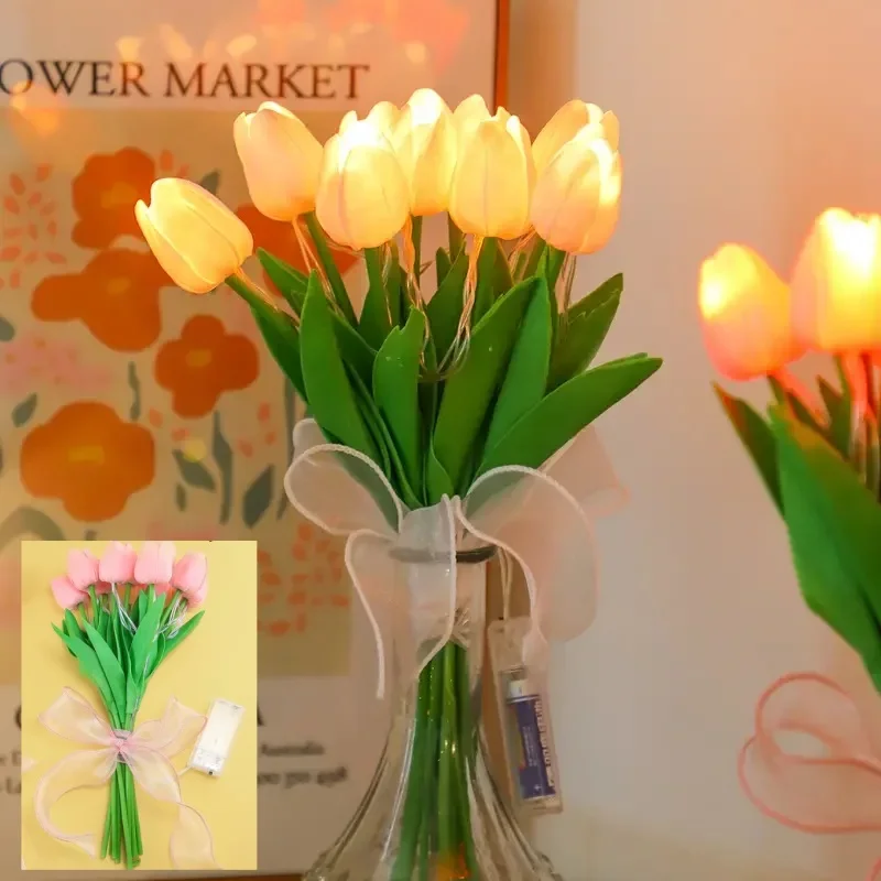 Tulipany ze świetlną LED – sztuczne kwiaty z lampką do dekoracji domu Burgundia