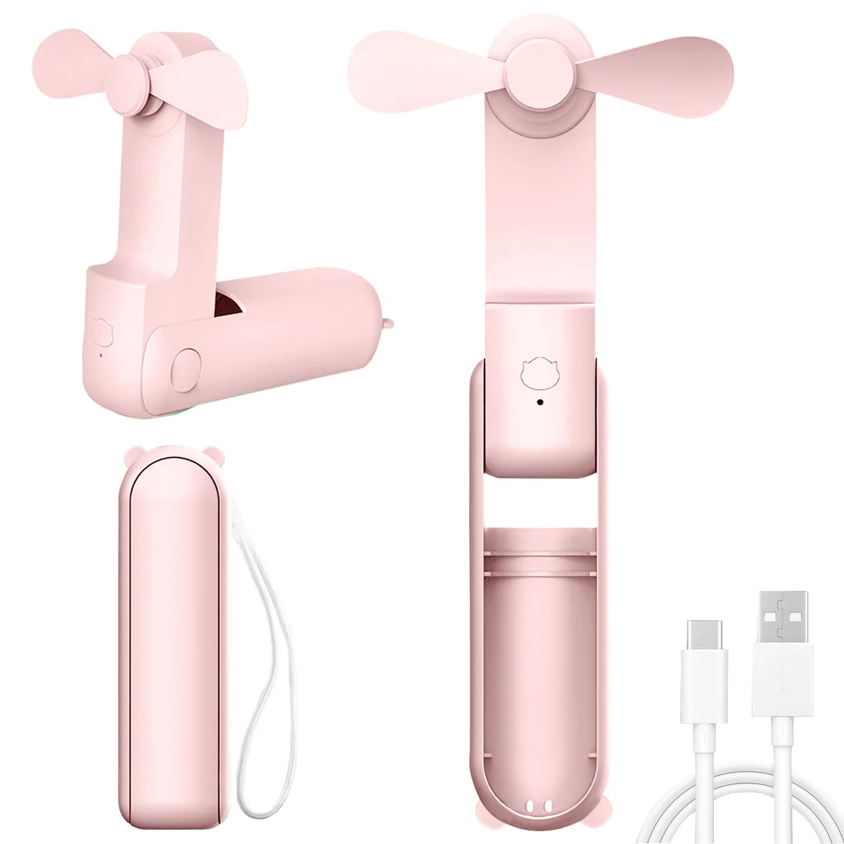 Przenośny wentylator biurkowy z uszami misia ładowany przez USB Różowy
