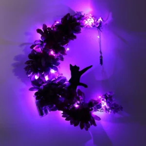 Wieniec halloweenowy księżyc z czarnymi kotami na drzwi Fluorescencyjny żółty