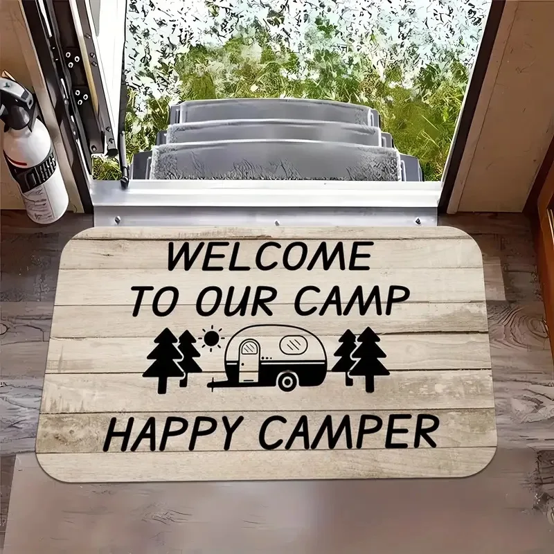 Wycieraczka Happy Camper z motywem kampera — mata do dekoracji domu Biały