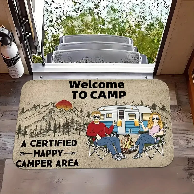 Wycieraczka Happy Camper z motywem kampera — mata do dekoracji domu Czerwony