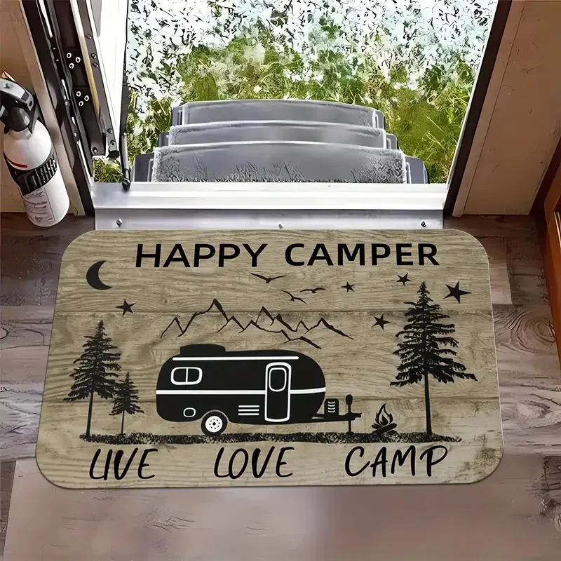 Wycieraczka Happy Camper z motywem kampera — mata do dekoracji domu Granatowy
