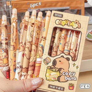 Zestaw 6 wymazywalnych długopisów żelowych Kawaii z kapybarą