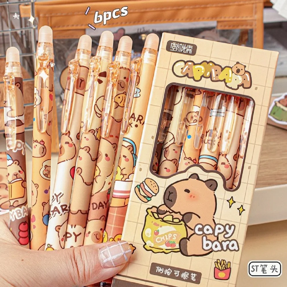 Zestaw 6 wymazywalnych długopisów żelowych Kawaii z kapybarą