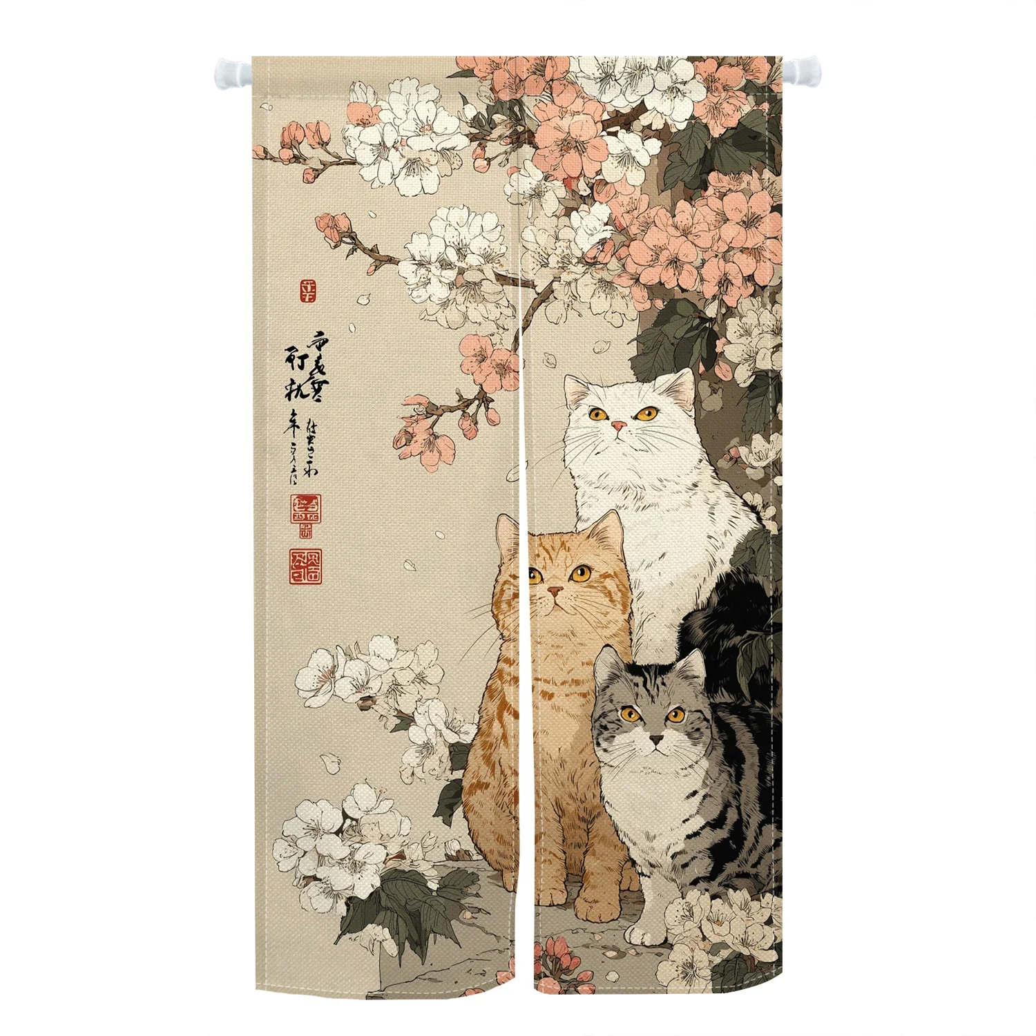 Zasłona drzwiowa Ukiyo-e z kotami VIKAMA - japoński motyw wiśni do kuchni Czerwony