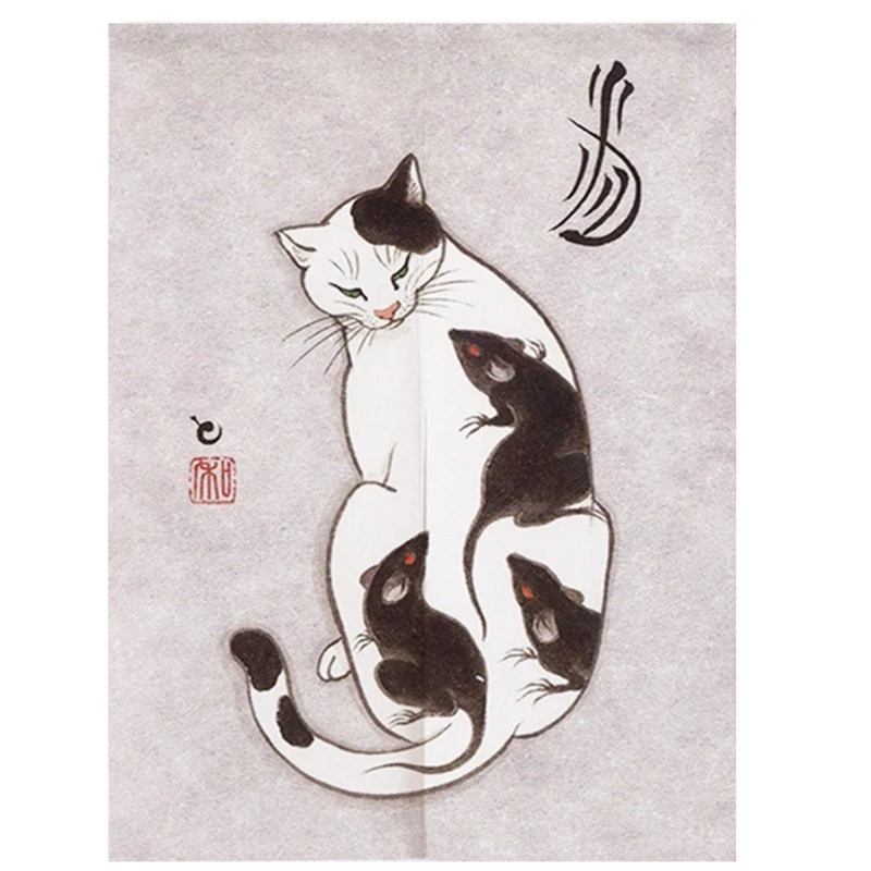 Zasłonka kuchenna noren z kotem ukiyo-e w stylu japońskim Biały