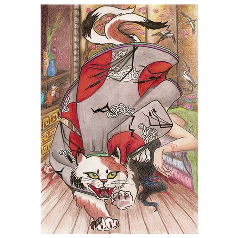 Zasłonka kuchenna noren z kotem ukiyo-e w stylu japońskim Burgundia