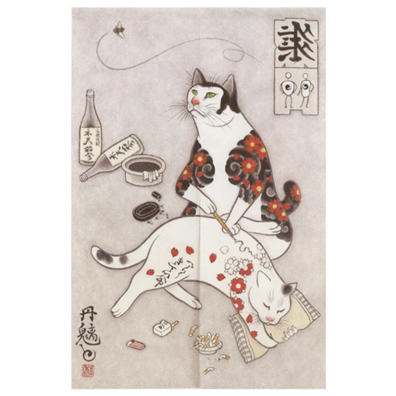 Zasłonka kuchenna noren z kotem ukiyo-e w stylu japońskim Granatowy