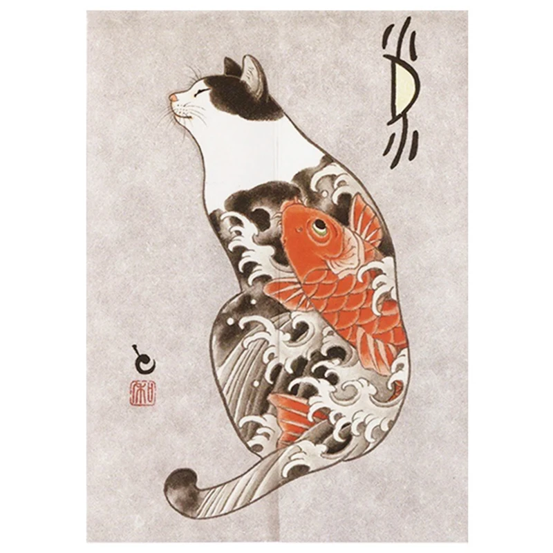 Zasłonka kuchenna noren z kotem ukiyo-e w stylu japońskim Jasnoszary