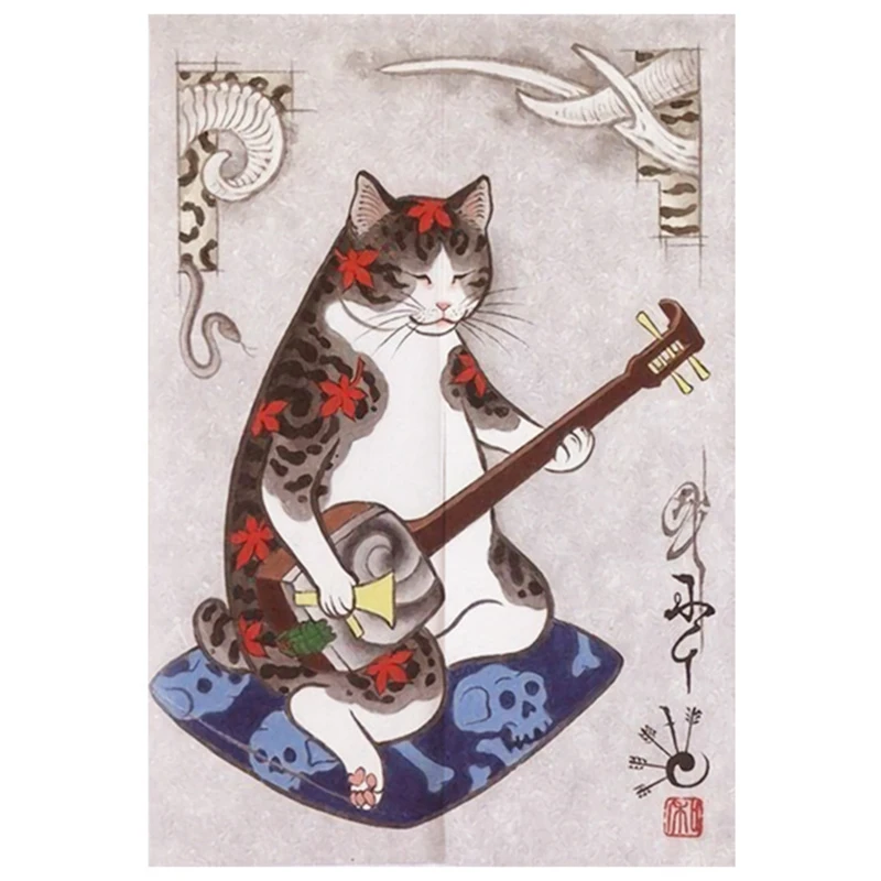 Zasłonka kuchenna noren z kotem ukiyo-e w stylu japońskim Jasnozielony