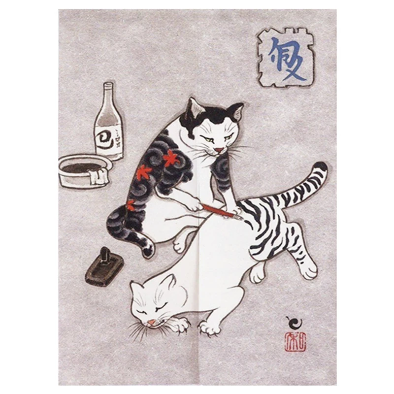 Zasłonka kuchenna noren z kotem ukiyo-e w stylu japońskim Zielony