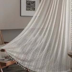 Zasłony boho szydełkowe z frędzlami do salonu Granatowy