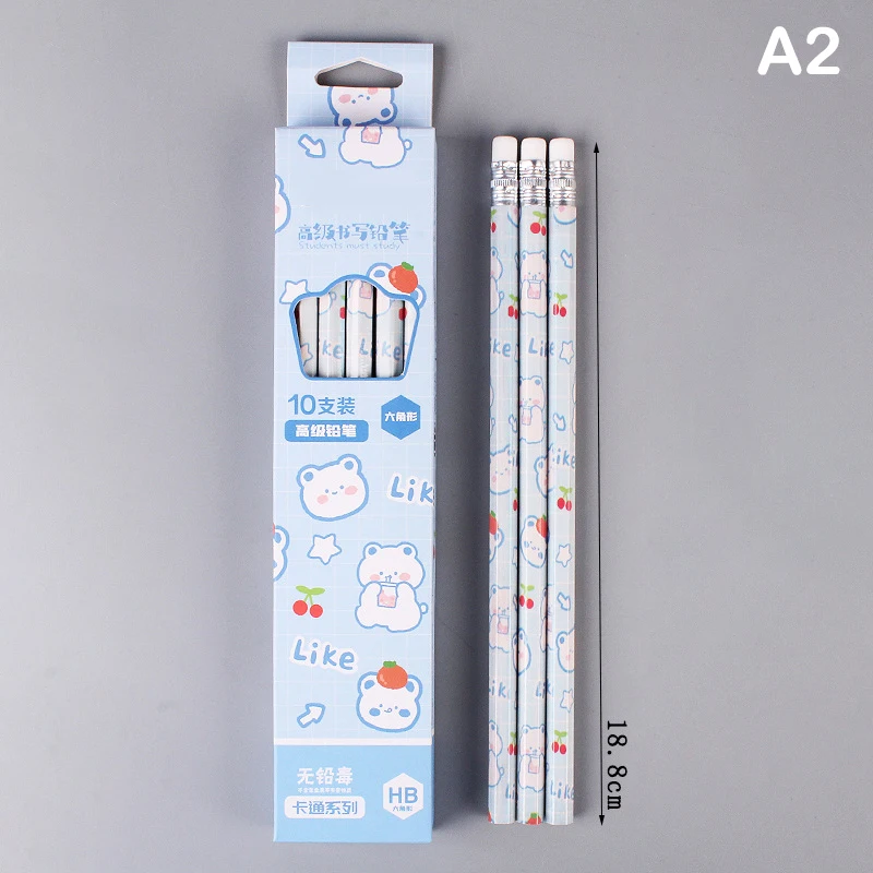 Zestaw 10 ołówków grafitowych kawaii koreańskie dla dzieci do szkoły Burgundia