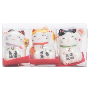 Zestaw 3 ceramicznych figurek kota szczęścia Maneki Neko Jasnoszary