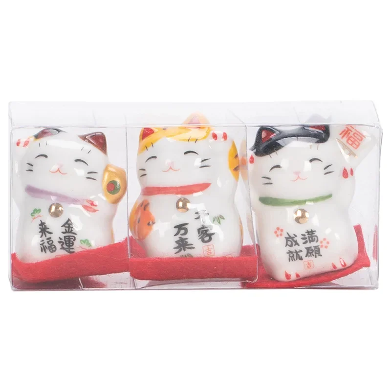Zestaw 3 ceramicznych figurek kota szczęścia Maneki Neko Jasnoszary