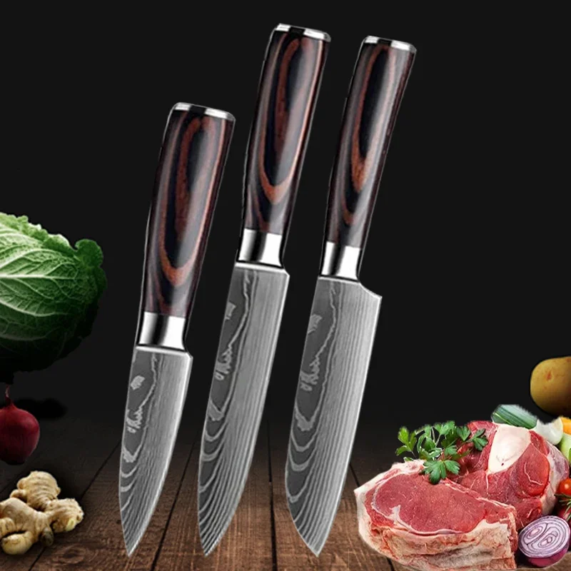 Zestaw noży kuchennych Damascus ze stali nierdzewnej z nożycami 3PCS
