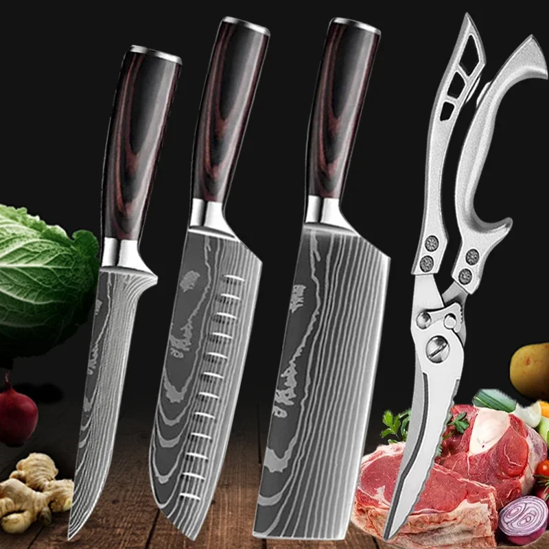 Zestaw noży kuchennych Damascus ze stali nierdzewnej z nożycami 4pcsknifeb scissor